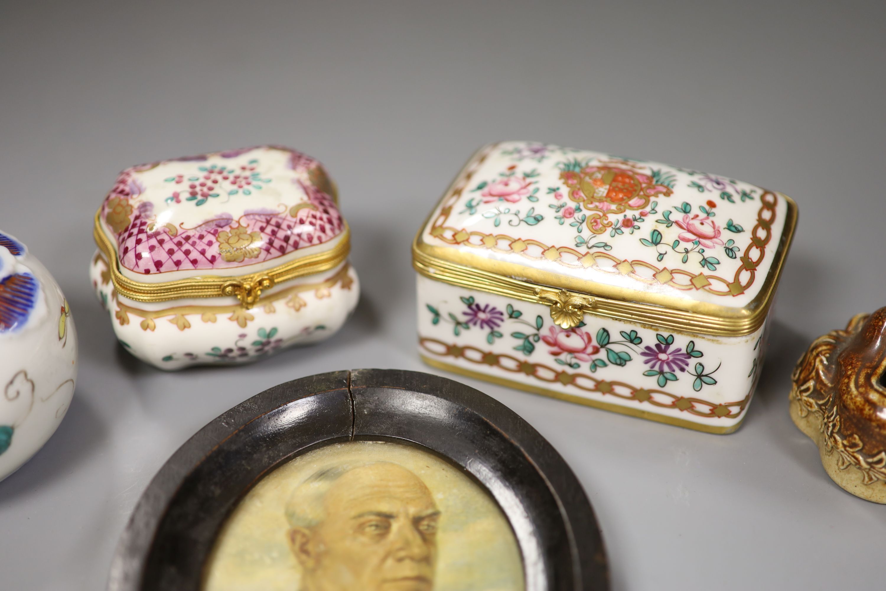 A 19th century Stoneware mask inkwell, two ceramic trinket boxes, a Japanese and a vase